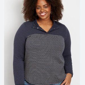 Plus Size Stripe Blocked Quilted Snap Neck Pullover